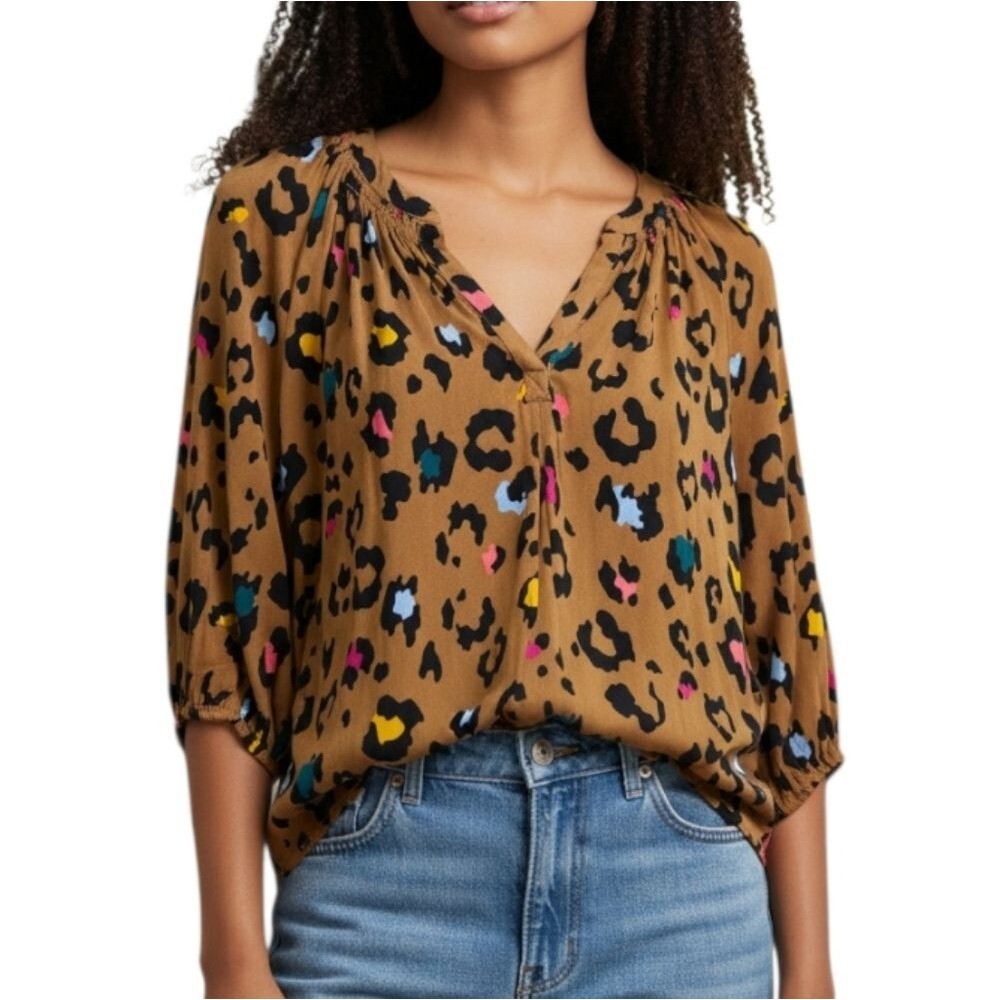 Crown & Ivy Leopard Print Rayon Peasant Blouse